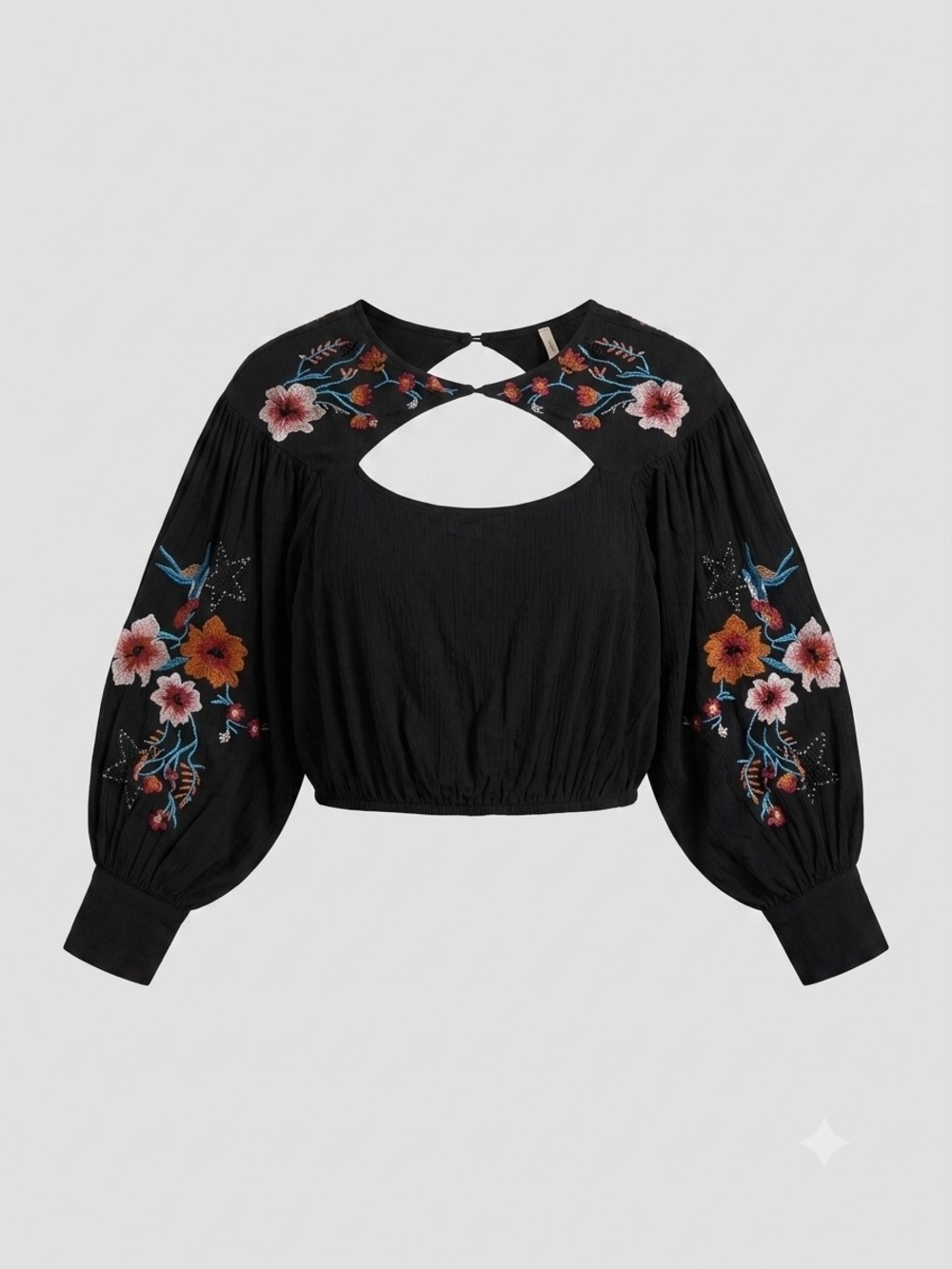 Free People Black Cropped Top Embroidered Floral Bird Detail - Picture 5 of 6